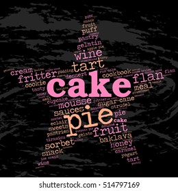 Cake. Word cloud, star, grunge background. Food for celebrities.