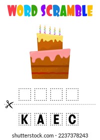 Cake Word scramble . Educational game for kids. English language spelling worksheet for preschool children