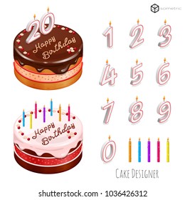 Cake-designer, festive cake with candles, cake in isometric, holiday vector cake