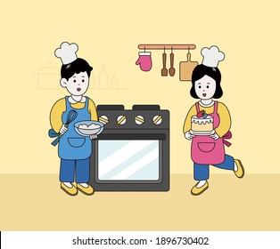 a cake-making child illustration set. kitchen, oven, food, cream, cook Vector drawing. Hand drawn style.