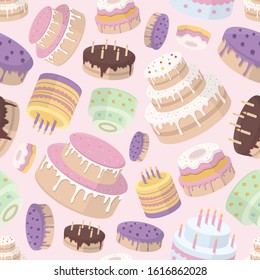 Cakes background - Vector color seamless pattern of sweet dessert, pastry, chocolate and cupcake for graphic design