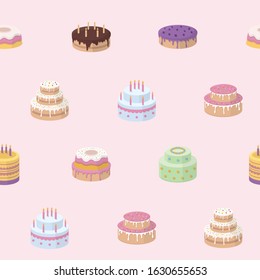 Cakes background - Vector color seamless pattern of sweet dessert, pastry, chocolate and cupcake for graphic design