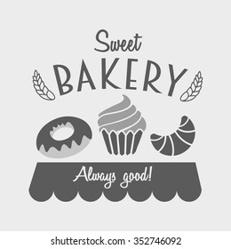 cakes bakery logo or emblem for food, cafe or restaurant menu design with croissant, cake and donut