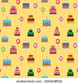 Cakes and balloons vector seamless pattern. Sweet cream pie with candles on white background. Vector illustration
