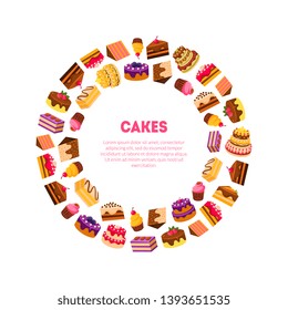 Cakes Banner Template, Delicious Desserts in Circular Shape with Place for Text Vector Illustration