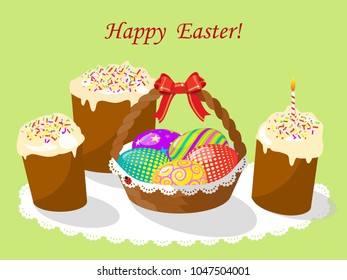 Cakes and basket with Easter eggs on a green background. Vector illustration.