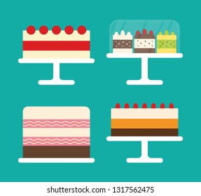 Cakes with berries, different types of beautiful modern dessert with cream and colorful layers. Sweet bakery on plate, pies isolated on blue vector