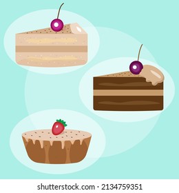 Cakes with berries set, vector illustration