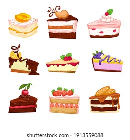 Cakes and berries with topping, isolated confectionery and assortment in bakery of cafe. Restaurant or diner serving pie with apricot and strawberry, cherry and chocolate. Vector in flat style