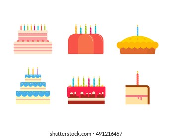 Cakes for birthdays and wedding vector set isolated from the background. Icons chocolate and fruit cakes to holiday in a flat style. Symbol pastries and desserts. Decorated festive cakes.