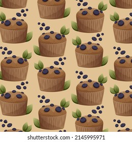 Cakes with blueberries and leaves seamless pattern with light background. Vector image of cupcakes, muffins. Illustration for packaging, wrapping paper, textile.