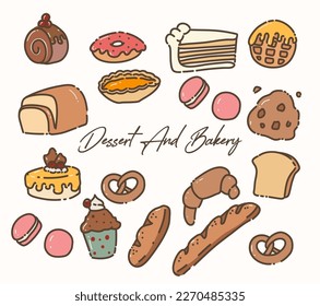 Cakes, bread and pastry confectionery, sweets and desserts set illustration on white background