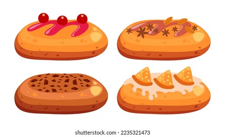 Cakes or buns with different toppings vector illustrations set. Collection of drawings of pastry with berries, chocolate, anise, fruit isolated on white background. Baking, desserts, food concept