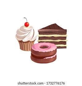 Cakes, cake and sweet donuts. Isolated over white background. Vector illustration