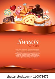 Cakes and candies, sweets vertical vector background with devider