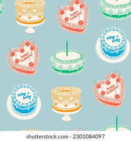 Cakes with candle, cherry, cream. Retro style. Sweet tasty food. Hand drawn trendy Vector illustration. Party, wedding, anniversary, celebration, birthday concept. Square seamless Pattern