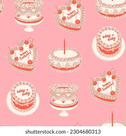 Cakes with candle, cherry, cream. Retro style. Sweet tasty food. Hand drawn trendy Vector illustration. Party, wedding, anniversary, celebration, birthday concept. Square seamless Pattern