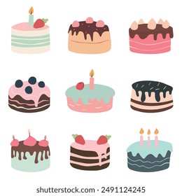 Cakes with candles isolated on white. Set of cakes. Vector for cards and stickers