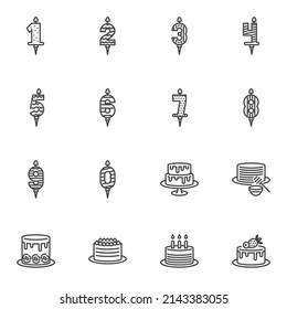 Cakes and candles line icons set, outline vector symbol collection, linear style pictogram pack. Signs, logo illustration. Set includes icons as birthday cake with burning candles, dessert