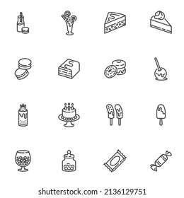 Cakes and candy line icons set, Dessert outline vector symbol collection, linear style pictogram pack. Signs, logo illustration. Set includes icons as macaron, ice cream, cheesecake, donut, chocolate