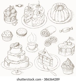 Cakes, candy and other sweets set. Hand drawn illustration. Piece. Bakery desserts with cream and berries. Celebration  design.