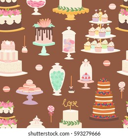 Cakes cartoon style seamless pattern vector illustration.