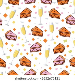 Bolos e design de champanhe com padrão de confete sem emenda