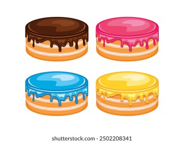 Pasteles con chocolate, azul, rosa y amarillo esmalte icono conjunto Vector. Conjunto de iconos de pasteles de colores aislados sobre un fondo blanco. Capa de pastel de vainilla con dibujo de glaseado