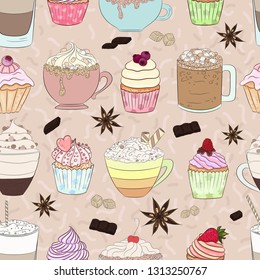 Cakes and coffee pattern. Cupcakes, cinnamon, sugar, cream, chocolate texture. 
