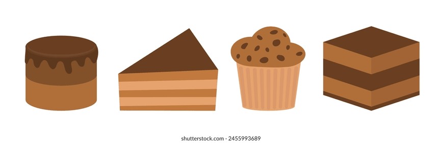 Cakes-Kollektion. Köstliches Schokoladen-Dessert, Gebäck, Cupcake Muffin, Geburtstagskuchen Slice Set Linie. Verschiedene Formstücke. Nette Cartoon leckeres Essen. Flaches Design. Isoliert. Weißer Hintergrund. Vektorgrafik