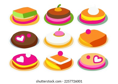 Cakes collection of different types of stylised cakes with hearth made with love, yummy sweets pastry desserts in bright colors. Isometric flat illustration.