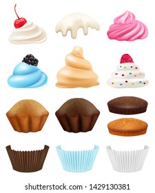 Cakes collection. Realistic cupcakes creation kit muffin cream fruits chocolate birthday holliday symbols vector 3d. Illustration of cake dessert, birthday cupcake chocolate, strawberry and vanilla