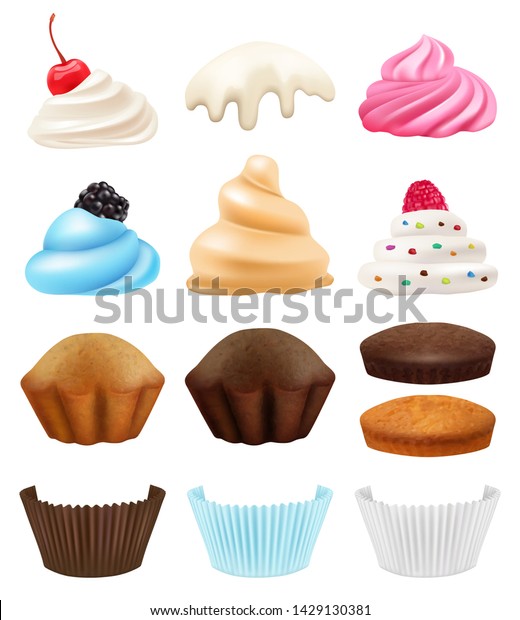ケーキコレクション リアルなカップケーキ作りキットマフィンクリームフルーツチョコレートの誕生日記号ベクター画像3d デザートケーキ バースデーカップ ケーキチョコレート イチゴ バニラのイラスト のベクター画像素材 ロイヤリティフリー