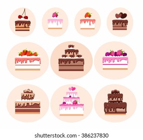 Cakes, colored icons, vector images. Cakes and pastries, chocolate and fruit. Colored, flat picture.  