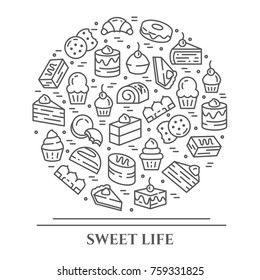 Cakes and cookies banner with pictograms of different sweet desserts and food elements collected in form of circle. Vector illustration of isolated outline bakery icons with editable stroke.