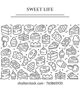 Cakes and cookies banner with pictograms of different sweet desserts and food elements collected in form of horizontal rectangle. Vector illustration of isolated outline icons with editable stroke.