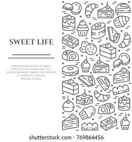 Cakes and cookies banner with pictograms of different sweet desserts and food elements collected in form of vertical rectangle. Vector illustration of isolated outline icons with editable stroke.