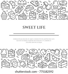 Cakes and cookies banner with pictograms of different sweet desserts and food elements collected in form of horizontal rectangles. Vector illustration of isolated outline icons with editable stroke.