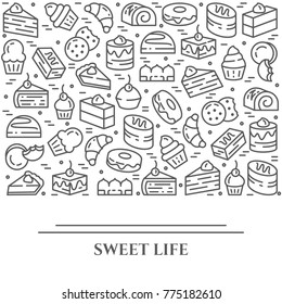 Cakes and cookies banner with pictograms of different sweet desserts and food elements collected in form of horizontal rectangle. Vector illustration of isolated outline icons with editable stroke.