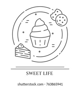Cakes and cookies banner with thin line pictograms of cupcake inside circle and bisquit and piece of pie on it isolated on white background. Vector illustration of outline icons.