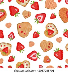 Cakes, cookies, berries, strawberries, pastries on a white background. Vector pattern. Juicy red berries. Sweet delicious donuts. Pattern with summer fruits and tasty cakes