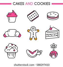 Cakes and cookies icon set. Includes: cake, cookies, macaroon, croissant, gingerbread, cake, muffin, fortune cookie and cupcake for web, mobile app, logo, infographics. Lines without expand