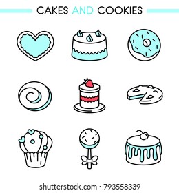 Cakes and cookies icon set. Includes: honey-cake, bise cake, donut, cheesecake, strawberry cake, chocolate chip cookies, muffin, cupcake for web, mobile app, logo, infographics. Lines without expand