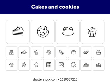 Cakes and cookies line icon set. Muffin, cupcake, slice. Dessert concept. Can be used for topics like pastry, bakery, menu