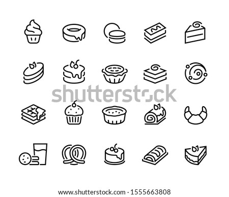 Cakes and cookies line icons. Bakery and sweet food pictogram, croissant donuts cupcakes cookies brownies and pies. Vector illustration confectionery dessert products line icon set
