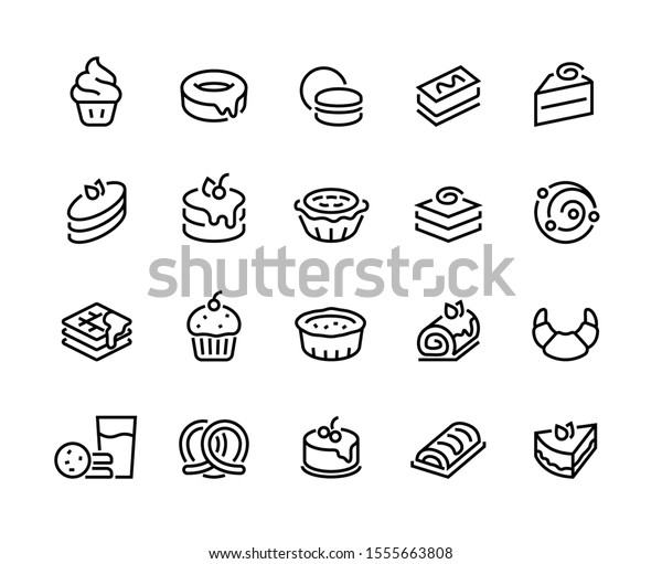 Cakes and\
cookies line icons. Bakery and sweet food pictogram, croissant\
donuts cupcakes cookies brownies and pies. Vector illustration\
confectionery dessert products line icon\
set
