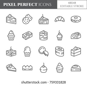 Cakes and cookies related pixel perfect icons set with different desserts and bakery products elements. Isolated 48x48 pixels pictograms vector illustration with editable stroke.