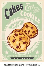 Cakes And Cookies Retro Poster. Cookies Vector Illustration. Vector Flyer Design With Sweet Chocolate Cookies.