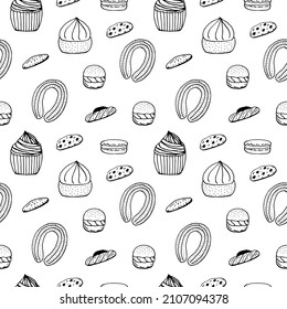 Cakes and cookies seamless pattern, hand drawing