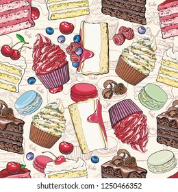 Cakes and cookies seamless pattern in sketch style - beautiful background with hand drawn bakery product with fruits and berries. Bright colorful texture with sweet desserts.